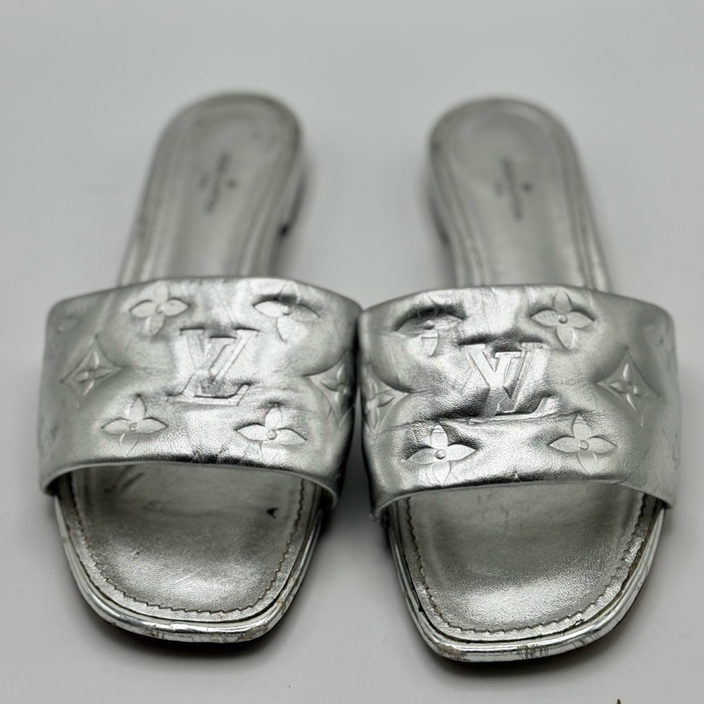 Louis Vuitton Silver Monogram Embossed Leather Revival Flat Slides 37.5